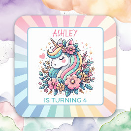 Cute Rosa Unicorn themed Girl's Birthday Fyrkantigt Klistermärke