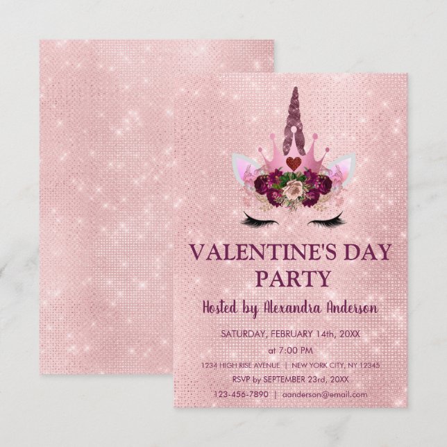 Cute  Rosa Unicorn Valentine Day Party Inbjudningar (Fram/baksida)