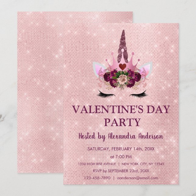 Cute  Rosa Unicorn Valentine Day Party Inbjudningar (Fram/baksida)