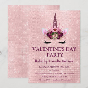 Cute Rosa Unicorn Valentine Day Party Inbjudningar
