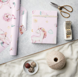 Cute Rosa Unicorns Boho Blommigt Baby Shower Presentpapper