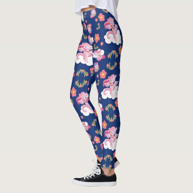 Cute Rosa Unicorns och Blommönster Leggings (Vänster)