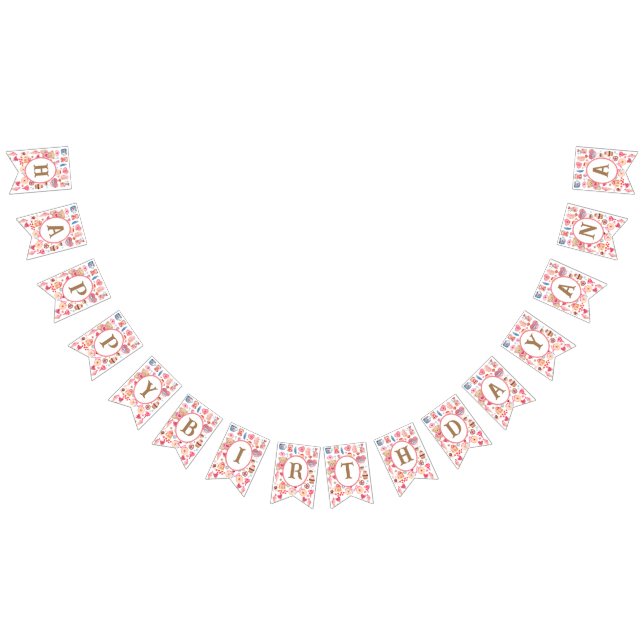 Cute rosa vattenfärg med nalle och hjärta vimplar (Alla)