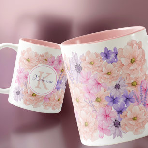 Cute rosa vattenfärgsblommor, monogrammerade för h Två-Tonad mugg