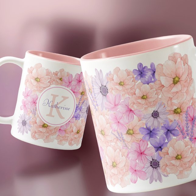 Cute rosa vattenfärgsblommor, monogrammerade för h Två-Tonad mugg (Skapare uppladdad)