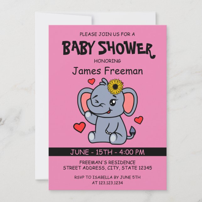 Cute Rosa Vector Girl Elephant Baby Shower Inbjudningar (Framsida)