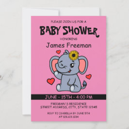 Cute Rosa Vector Girl Elephant Baby Shower Inbjudningar