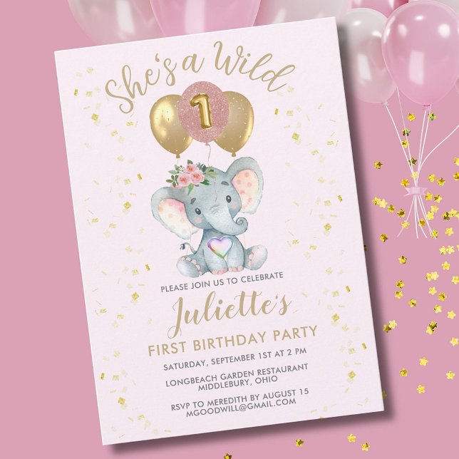 Cute Rosa Vild en Elephant First Birthday Girl Inbjudningar (Skapare uppladdad)