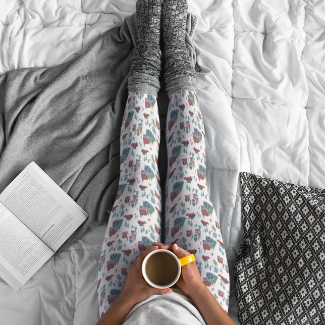 Cute Rosa Village & Car Träd Retro-jul Leggings (Cute Pink Village & Car Tree Retro Christmas Leggings)
