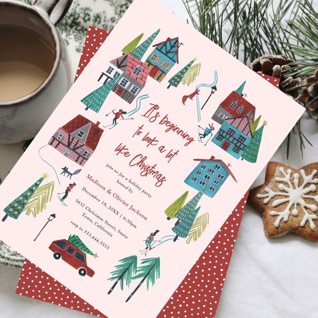 Cute Rosa Village jul Party Inbjudningar (Cute Pink Village Christmas Party Invitation)