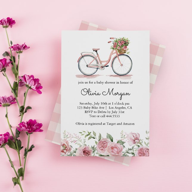 Cute Rosa Vintage Bicycle Girl Baby Shower Inbjudningar (Skapare uppladdad)