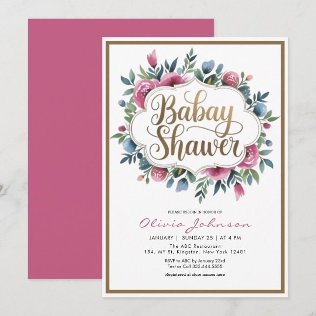 Cute Rosa Watercolor Flowers Baby Shawer Inbjudningar (Fram/baksida)