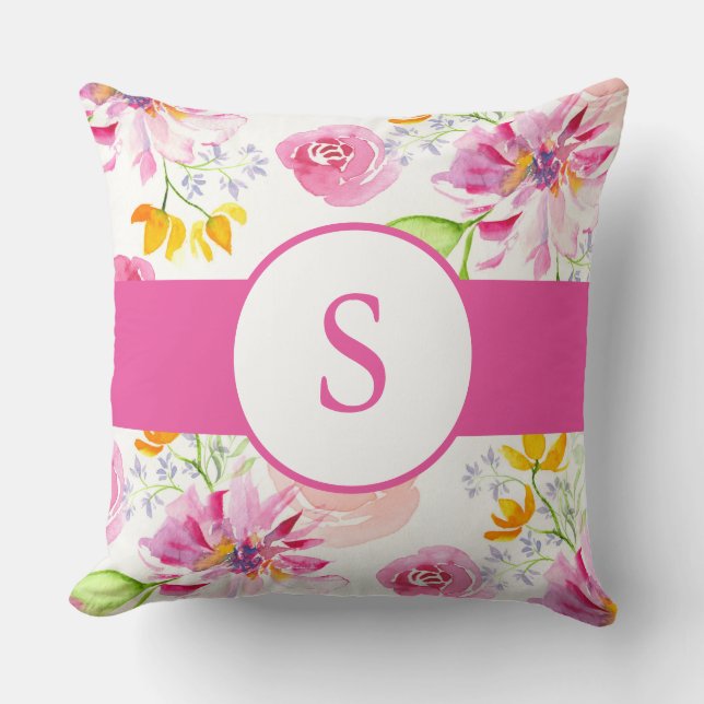 Cute Rosa Watercolor Flowers och Monogram Kudde (Framsida)