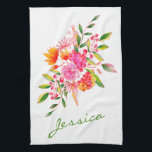 Cute Rosa Watercolor Flowers Personlig Namn Kökshandduk<br><div class="desc">Den här vackra kökshandduken har en färgstark rosa och orange vattenfärgad blommigt buquet. Anpassa det med ditt namn i en snyggt-skripttypografi. Underbar presentidé.</div>