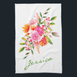 Cute Rosa Watercolor Flowers Personlig Namn Kökshandduk<br><div class="desc">Den här vackra kökshandduken har en färgstark rosa och orange vattenfärgad blommigt buquet. Anpassa det med ditt namn i en snyggt-skripttypografi. Underbar presentidé.</div>