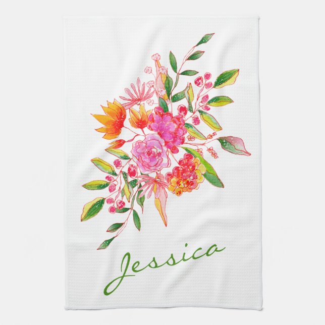 Cute Rosa Watercolor Flowers Personlig Namn Kökshandduk (Vertikal)