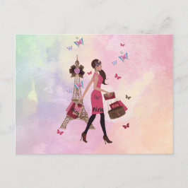 Cute Rosa Watercolor Girl Paris Eiffel Torn Vykort