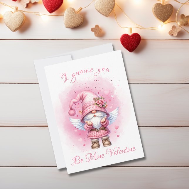 Cute Rosa Watercolor Gnome Alla hjärtans dag Julkort (Skapare uppladdad)