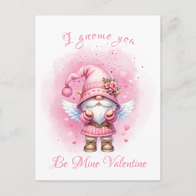 Cute Rosa Watercolor Gnome Alla hjärtans dag Vykort (Framsida)