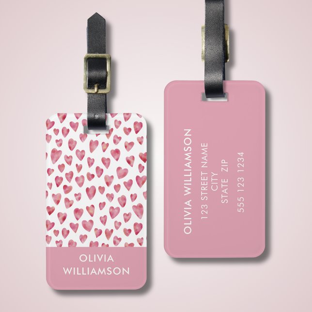 Cute rosa Watercolor Kärlek Heart mönster Bagagebricka (Pink love heart pattern luggage tag.  Personalize with your own name and contact details. )