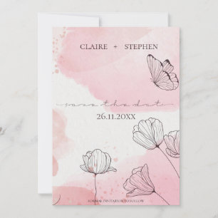 Cute Rosa Watercolor Line Flower Butterfly Bröllop Spara Datumet