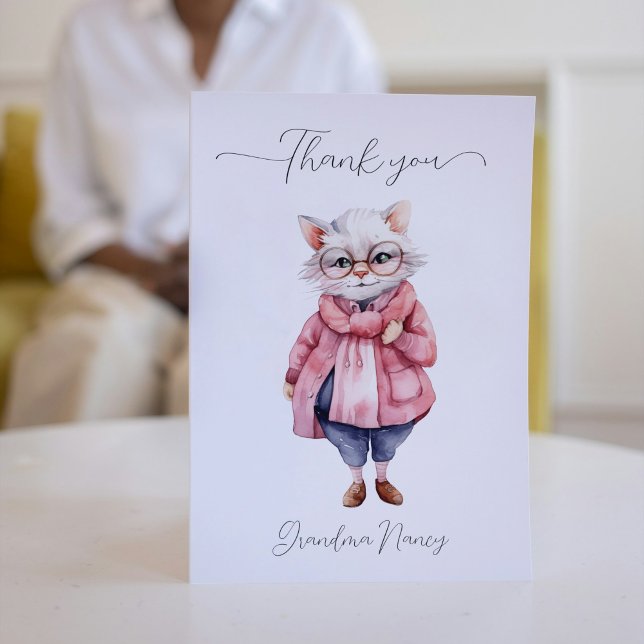 Cute Rosa Watercolor Old Granny Cat Tack Kort (Cute Pink Watercolor Old Granny Cat Thank You Card)