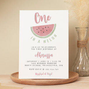 Cute Rosa Watercolor One in a melon First Birday Inbjudningar