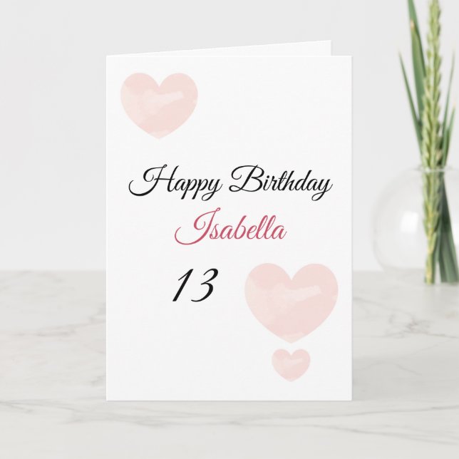 Cute Rosa Watercolor Pawarts 13:e födelsedagen Kort (Framsida)