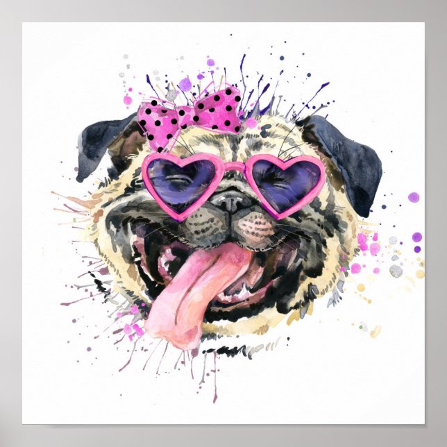 Cute Rosa Watercolor Pug Poster (Framsidan)