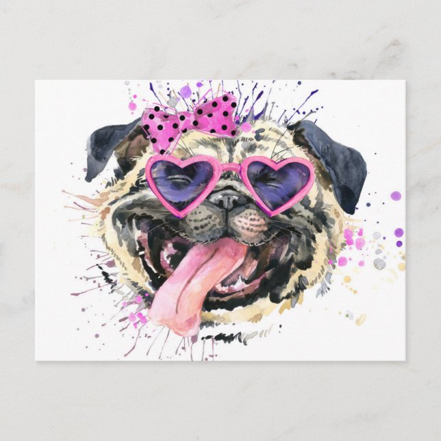 Cute Rosa Watercolor Pug Vykort (Framsida)