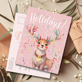 Cute Rosa Watercolor Reindeer och jul Ljus Vykort