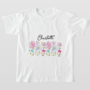 Cute Rosa Watercolor Wildblommor Monogrammed T Shirt