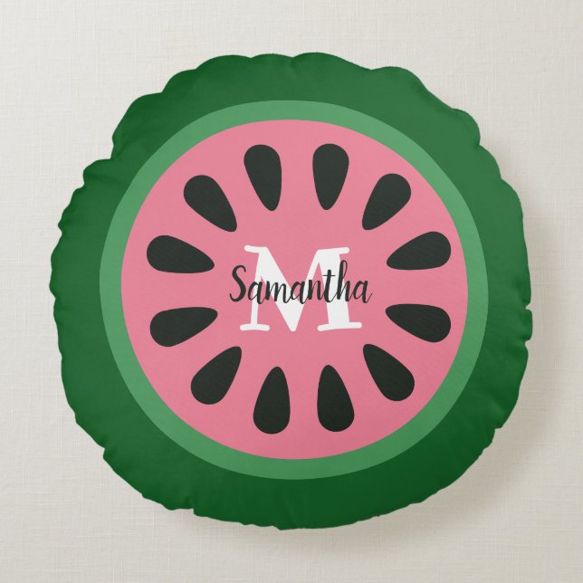 Cute Rosa Watermelon Monogram Rund Kudde (Framsidan)