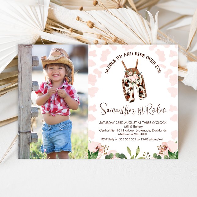 Cute Rosa Western First Rodeo 1:a födelsedagen Inbjudningar (First Rodeo 1st Birthday Invitation Baby Girls, Pink Western First Rodeo Birthday Invitation Photo)