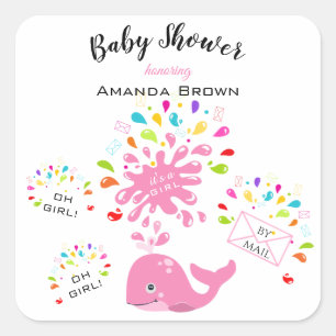 Cute Rosa Whale Colorful Girl Baby Shower by Mail Fyrkantigt Klistermärke