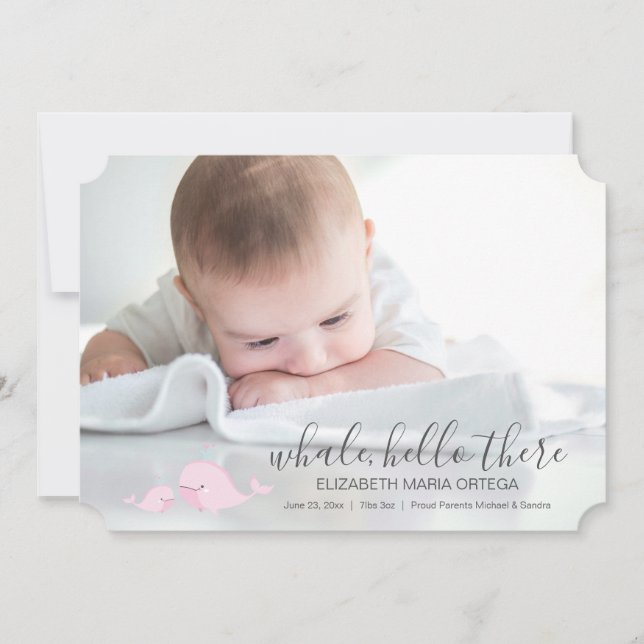 Cute Rosa Whale Hej där Baby avisering Meddelande (Framsida)