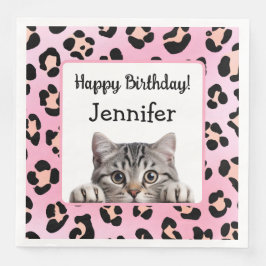 Cute Rosa Whimsical Cat Birthday Pappersservett