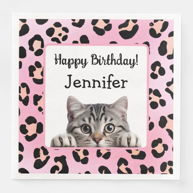 Cute Rosa Whimsical Cat Birthday Pappersservett (Framsida)
