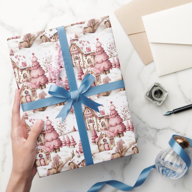 Cute Rosa Whimsical Snowy-julbyn Presentpapper (Gifting)