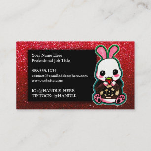Cute Rosa & White Bunny Rabbit Strawberry Glitter Visitkort