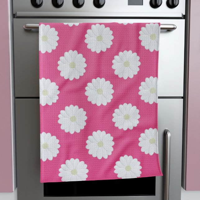Cute Rosa White Daisy Flower Mönster Kitchen Towel Kökshandduk (A pretty pink kitchen towel with daisies. Perfect!)