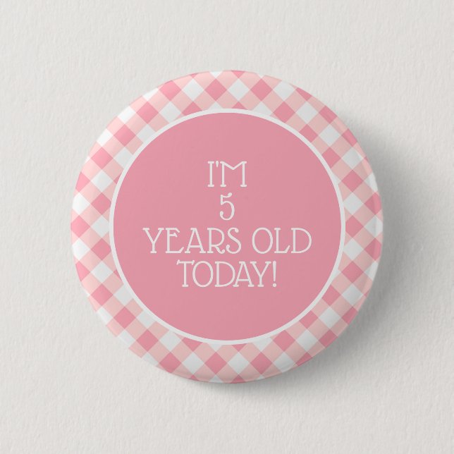 Cute Rosa White Gingham Little Girl's 5th Birthday Knapp (Framsida)