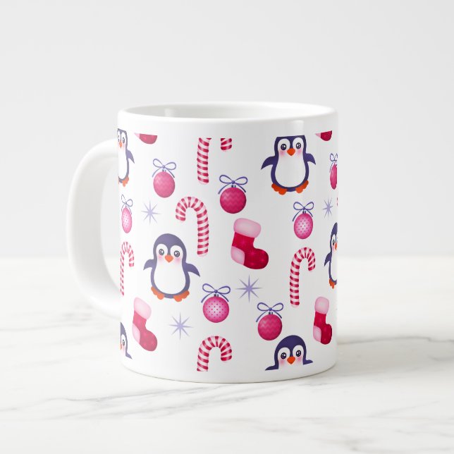 Cute Rosa & White jul Mönster med Penguins Jumbo Mugg (Framsida vänster)