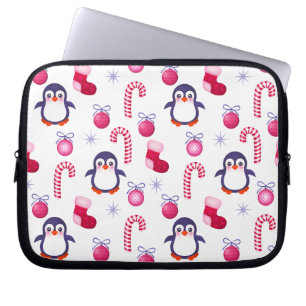 Cute Rosa & White jul Mönster med Penguins Laptop Sleeve