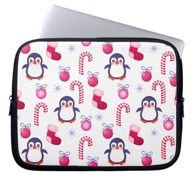 Cute Rosa & White jul Mönster med Penguins Laptop Sleeve (Framsidan)