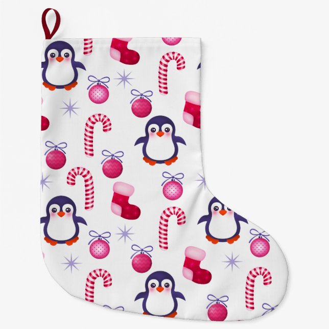 Cute Rosa & White jul Mönster med Penguins Stor Julstrumpa (Framsidan)