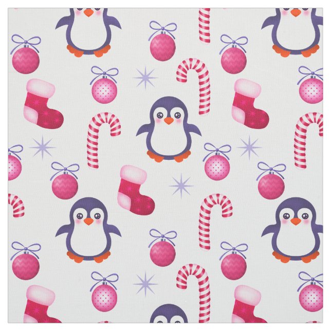 Cute Rosa & White jul Mönster med Penguins Tyg (Provkarta)