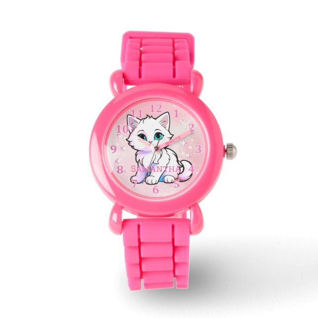Cute Rosa White Kawaii Kitten Armbandsur (Framsida)