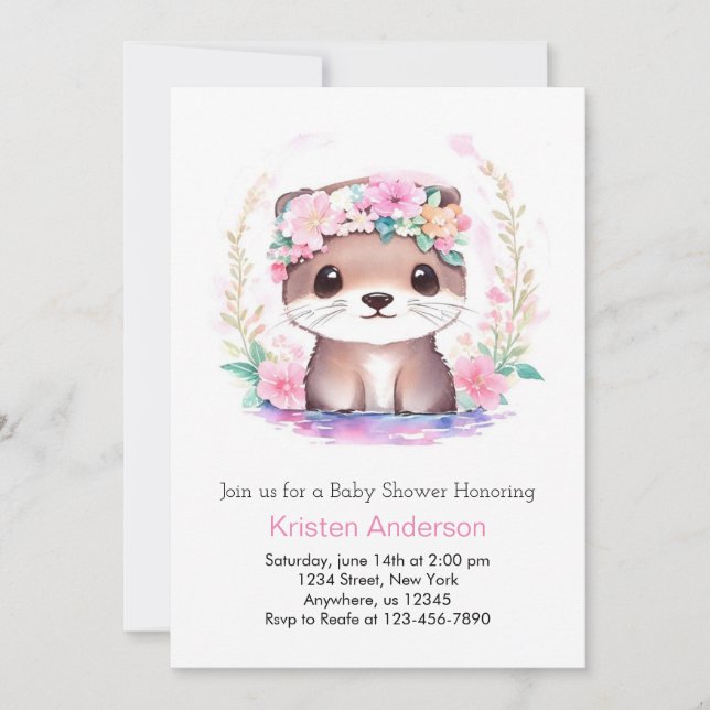 Cute Rosa Wildblomma Otter Magic Girl Baby Shower Inbjudningar (Framsida)