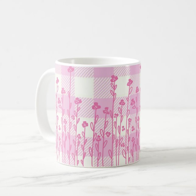 Cute rosa wildwers doodle rosa plaid gingham kaffemugg (Framsida vänster)